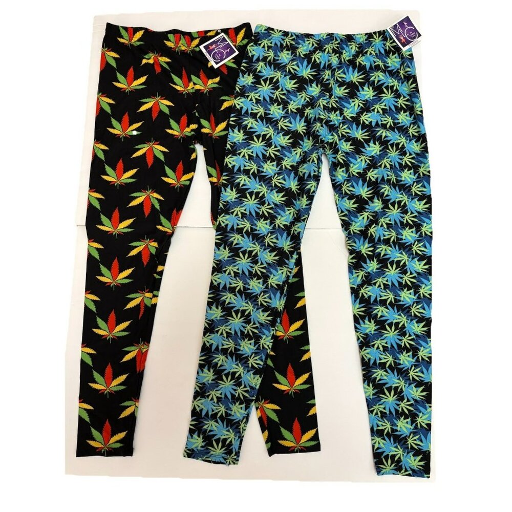 Lot of 2 Women’s Plus Size Soft Leggings Rasta Red/Yell/Green & Blue/Green Leaf